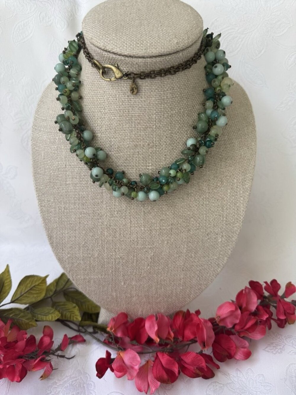 Sequin NYC Antique GoldTone Chunky Faux Jade Green Bead Necklace 31" Vintage